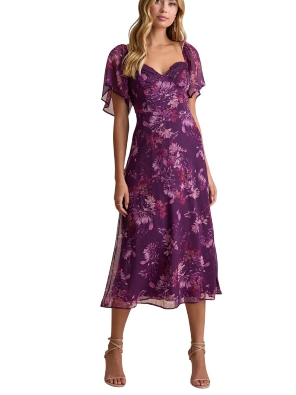 Lulus Valla Purple Floral Flutter Sleeve Midi Dress Sz XL Smocking Lace Garden